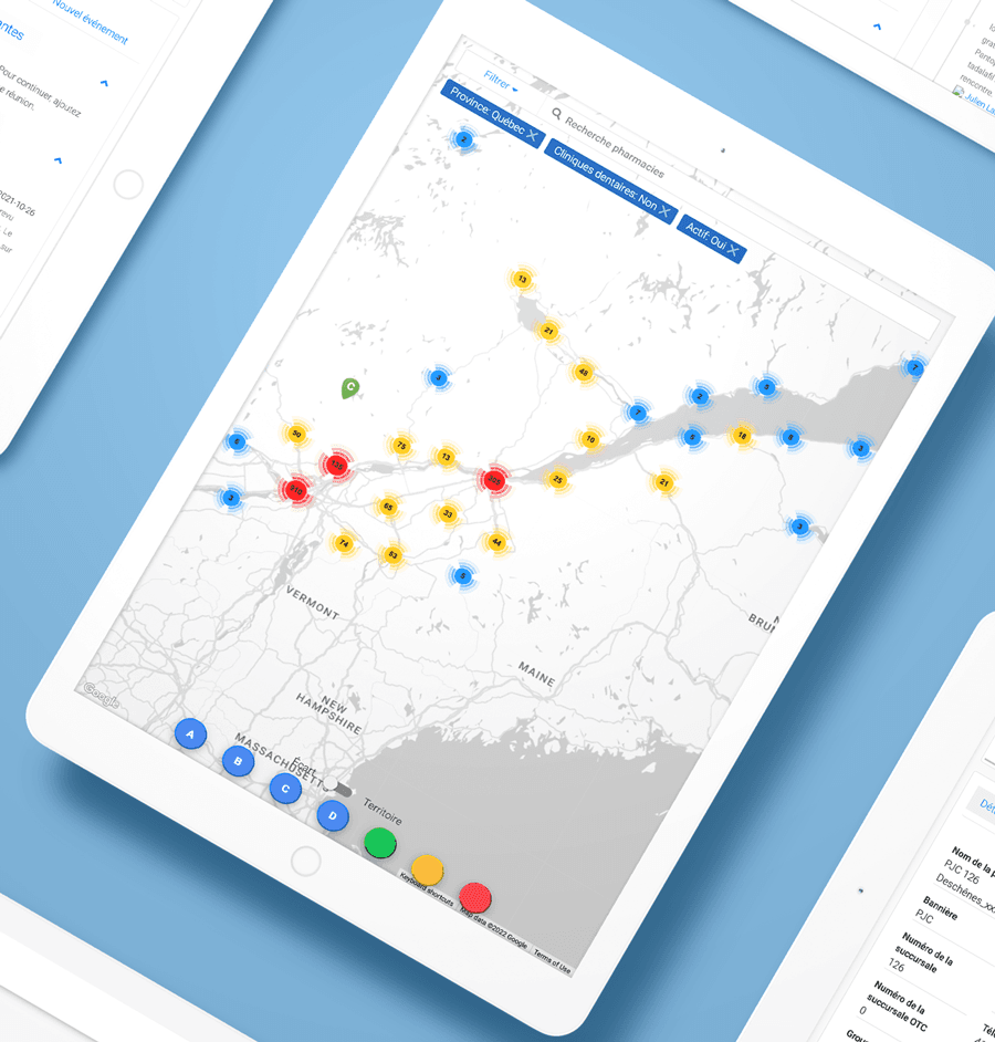 Close-up of the interactive map with clients displayed by priority, categorized by color.